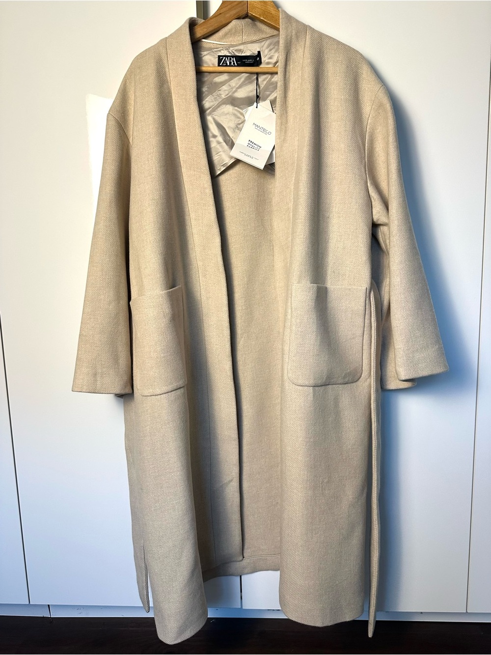 Zara Manteco Italian Wool Blend Belted Long trench Coat Cream M NWT